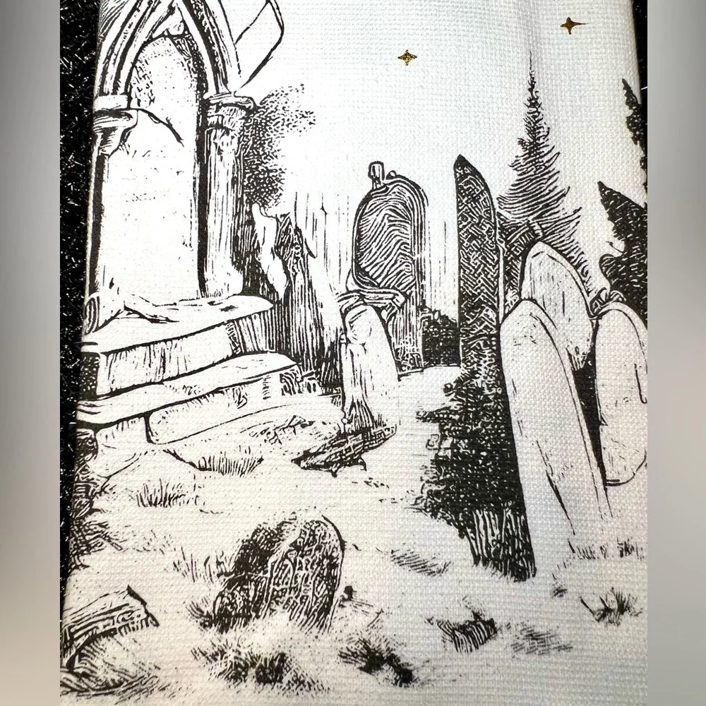 Kassafina Halloween Cemetery Set of 2 Tea Towel with Gold Moon Accent.